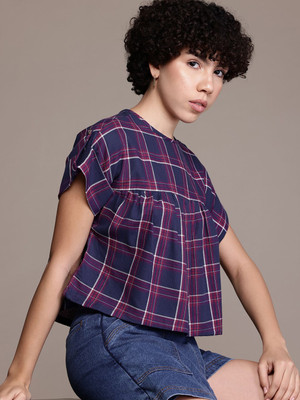 Roadster Casual Checkered Women Blue Top