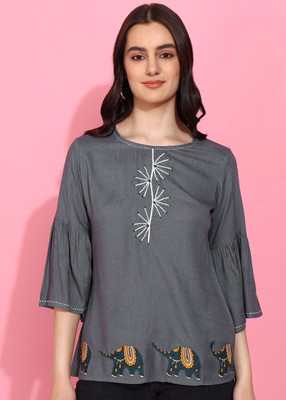 AKIKO Casual Embroidered Women Grey Top