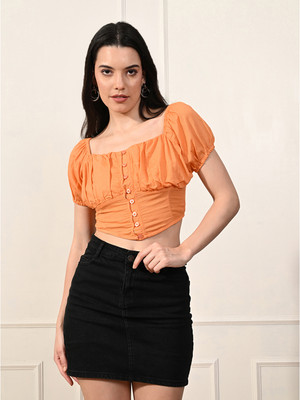 Azzurra Party Solid Women Orange Top