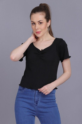CLOTHINK India Casual Solid Women Black Top