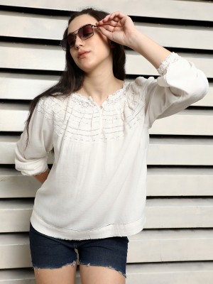 High Star Casual Solid Women White Top