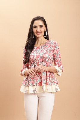 VihaanExim Casual Printed Women Pink, Beige Top