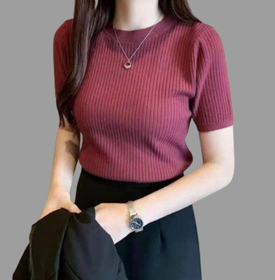 FENDURA Casual Self Design Women Maroon Top