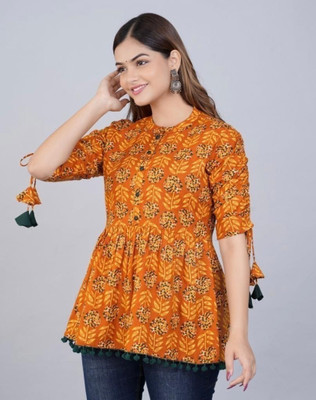 XWV Women Printed Flared Kurta(Yellow)