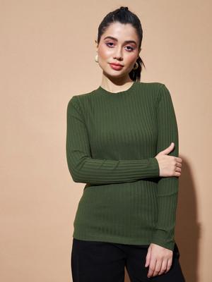 SASSAFRAS Casual Self Design Women Dark Green Top