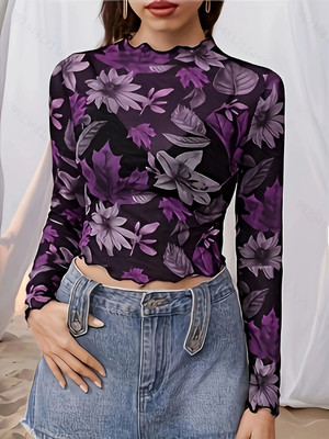 Cozynest Casual Floral Print Women Purple Top