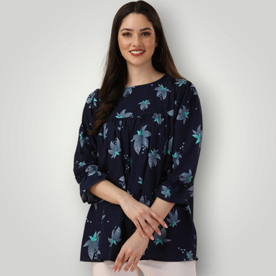KALLAXI Casual Self Design Women Dark Blue Top