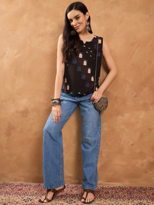 InWeave Casual Printed Women Black Top