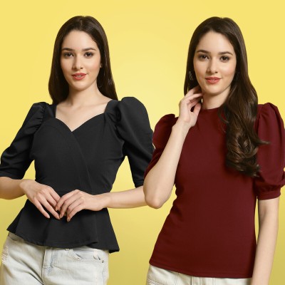 METRONAUT Casual Solid Women Maroon, Dark Green Top