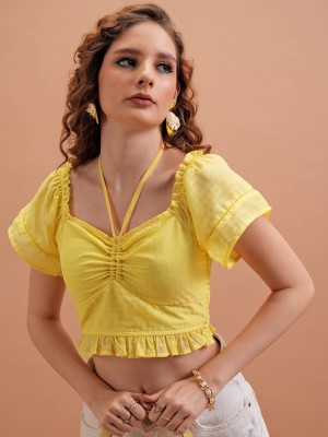 Tokyo Talkies Casual Solid Women Yellow Top