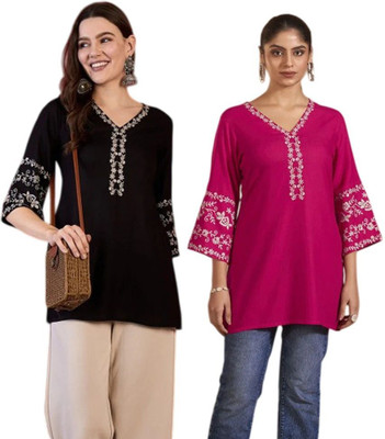 Mahira's Comfort Party Embroidered Women Black, Pink Top