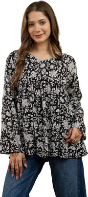 Rangsutra Casual Floral Print Women Black, White Top