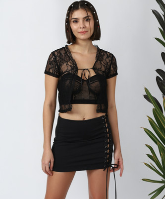FOREVER 21 Casual Self Design Women Black Top