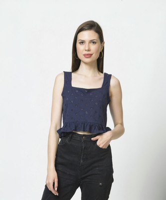 Styvibe Casual Embroidered Women Blue Top