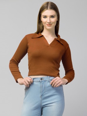 Style Access Casual Solid Women Brown Top