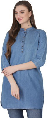 SAAKAA Formal 3/4 Sleeve Solid Women Blue Top