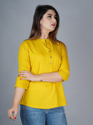 Moda Casa Casual Solid Women Yellow Top
