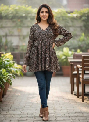 Sarvam Casual Floral Print, Printed, Self Design Women Black Top