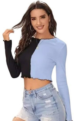 Siyara Casual Color Block Women Blue Top