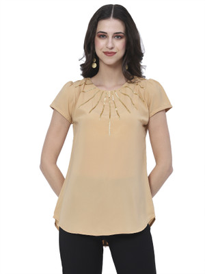 GO.4.IT Casual Solid Women Beige Top