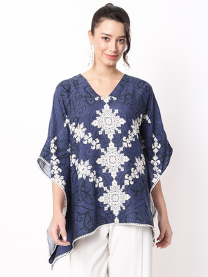 Ranng Label Casual Printed Women Blue, Black Top