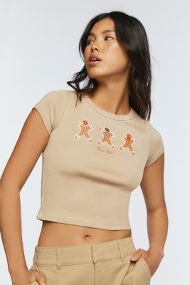 FOREVER 21 Casual Graphic Print Women Beige Top