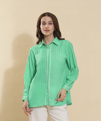 FashFun Formal 3/4 Sleeve Striped Women Green Top