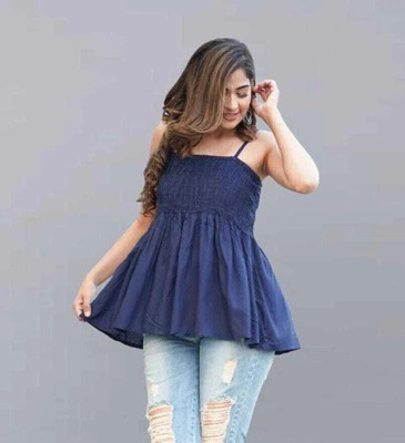 VYMO Casual Solid Women Blue Top
