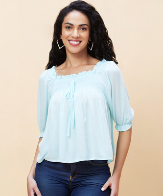 Globus Casual Solid Women Light Blue Top