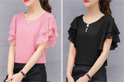 Istyle Can Casual Solid Women Pink, Black Top