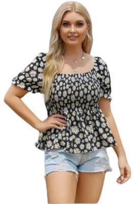 Danish Casual Floral Print Women Black Top