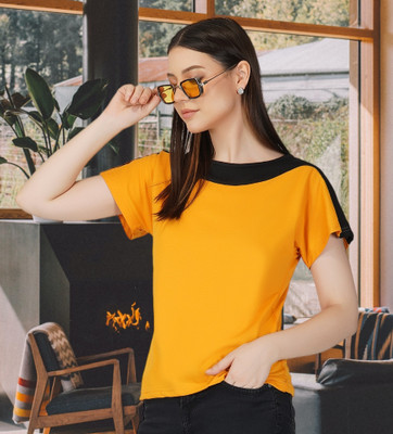 BASE 41 Casual Color Block Women Black, Yellow Top