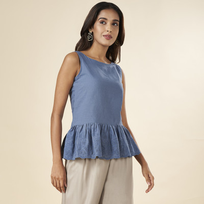Akkriti by Pantaloons Casual Solid Women Blue Top