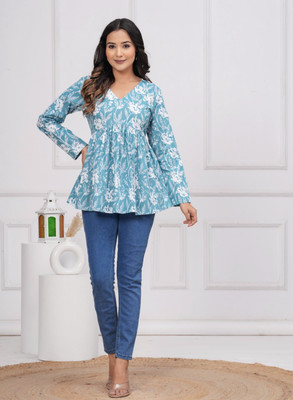 Radhegovind Creation Party Floral Print, Printed Women Blue Top
