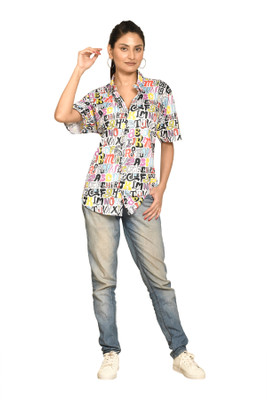 altius Women Printed Casual White, Orange Shirt