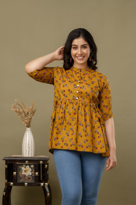 FASHION SWAG Casual Floral Print Women Yellow Top