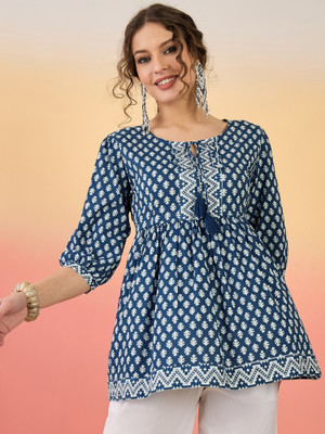 Sangria Casual Geometric Print Women Blue Top