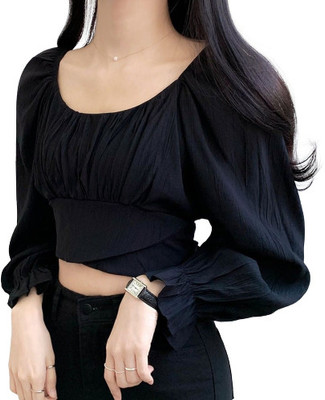 MOJOO Casual Solid Women Dark Blue Top