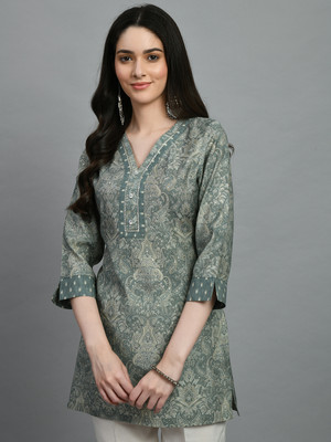 Meesan Casual Printed Women Dark Green, Beige Top