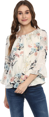 HARPA Casual 3/4 Sleeve Floral Print Women White Top