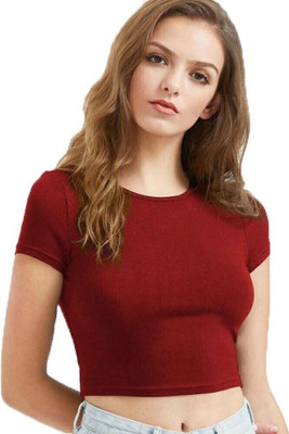Styvibe Casual Half Sleeve Solid Women Maroon Top