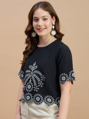 ZUMMER Casual Embroidered Women Black Top
