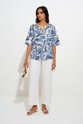 Trendee Fashion Casual Floral Print Women White, Blue Top