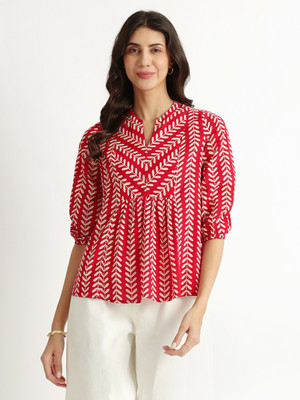 Pink Fort Casual Striped Women Red Top