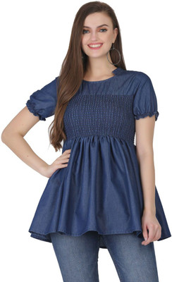 SAAKAA Formal Half Sleeve Solid Women Blue Top