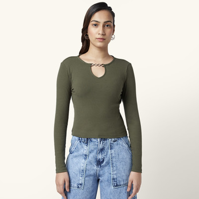 PEOPLE Casual Self Design Women Green Top