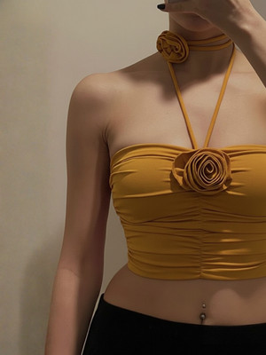 ekeshwara Party Solid, Embellished Women Yellow Top