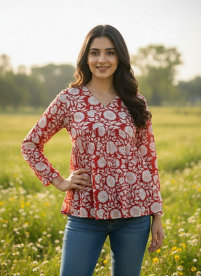 Desi Beats Casual Floral Print Women Red, White Top