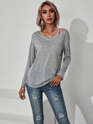 BoStreet Casual Solid Women Grey Top