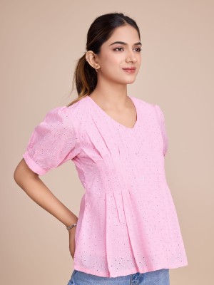 HOUSE OF MIRA Casual Self Design Women Pink Top